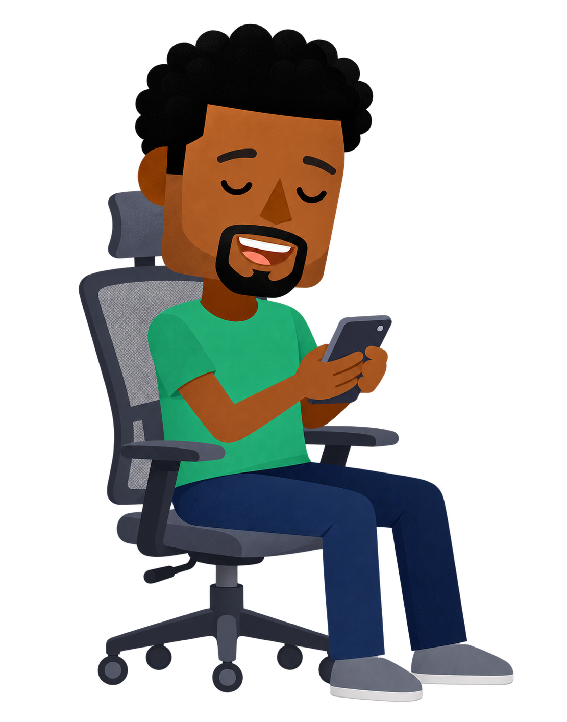 Ilustração de um pai sorrindo, sentado em sua cadeira de escritório, olhando uma mensagem no celular.