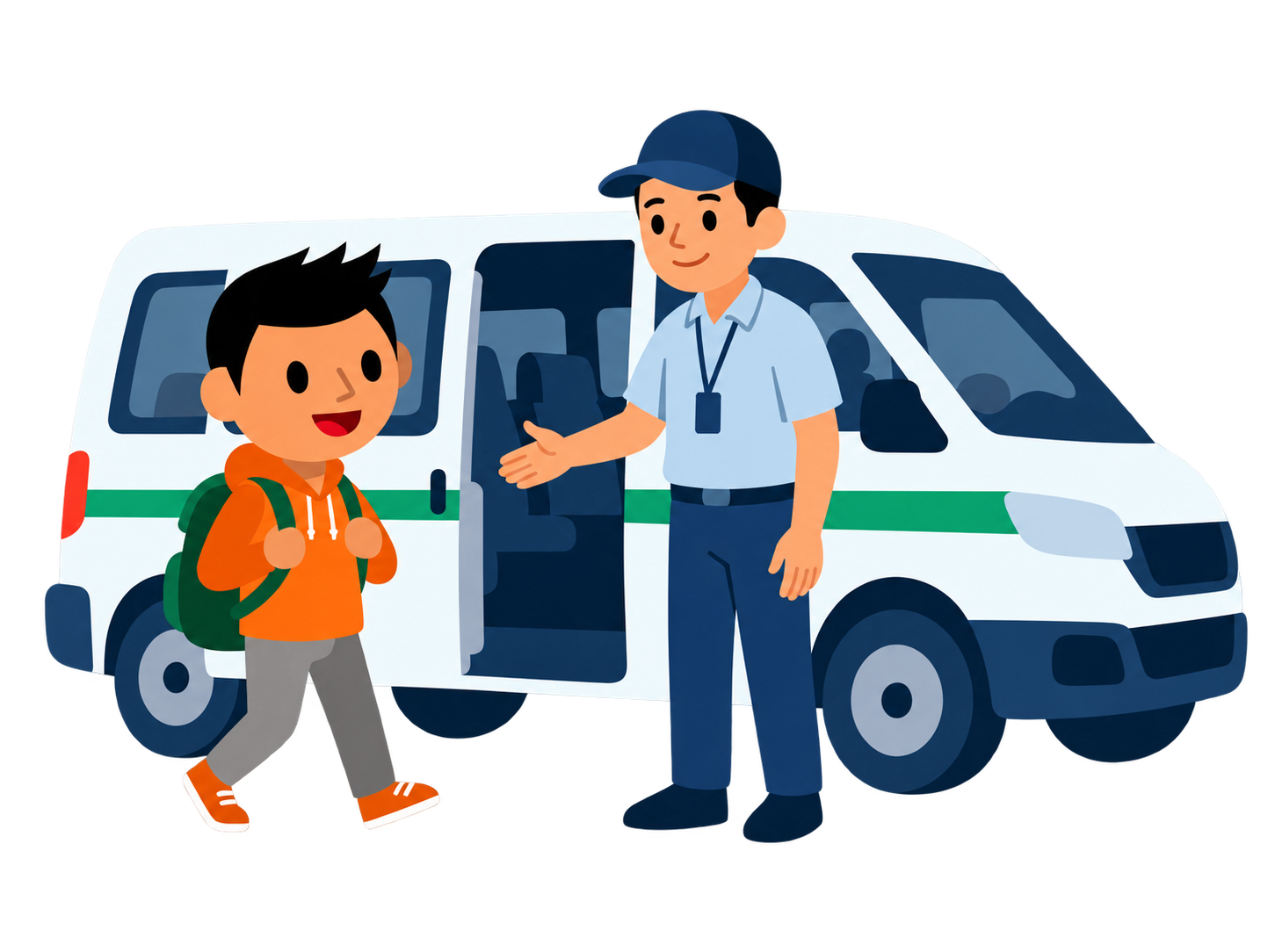 Um motorista de transporte escolar recebe um aluno de mochila junto à van.
